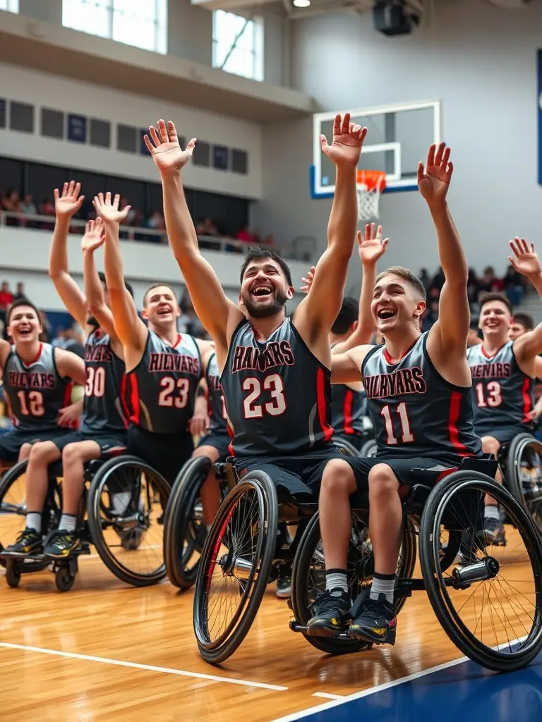 An image showing a team of wheelchair basketball players celebrating a victory, highlighting the camaraderie and joy of teamwork.