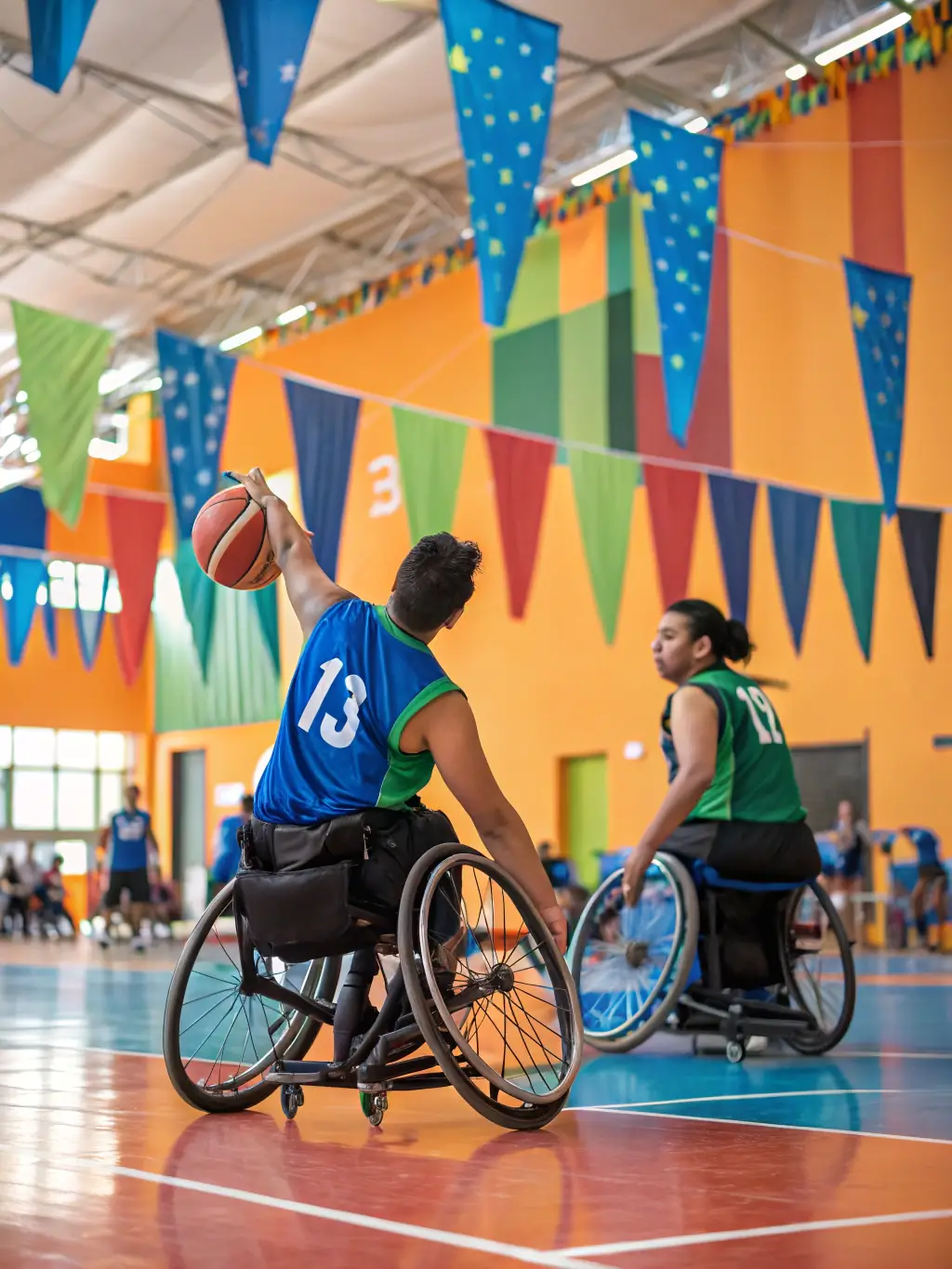 A group of athletes with various disabilities participating in a wheelchair basketball game, showcasing teamwork and sportsmanship in a brightly lit indoor court.