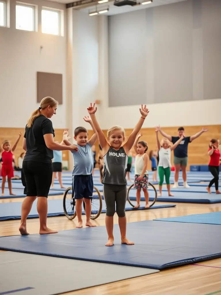 A group of children with various disabilities are joyfully playing adapted volleyball in a gymnasium, showcasing inclusivity and teamwork.