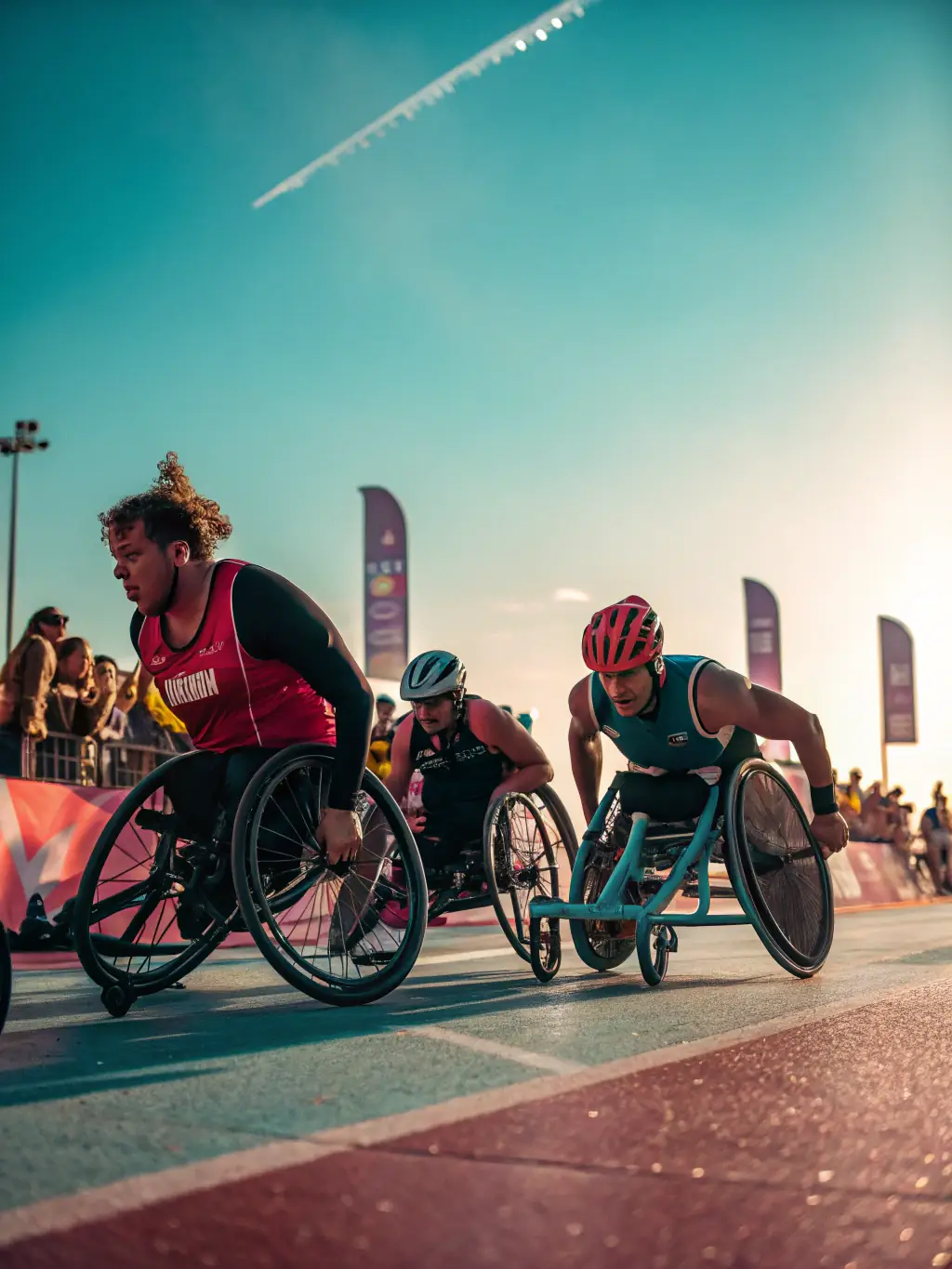 A photograph capturing a group of athletes with various disabilities participating in a track and field event, showcasing determination and teamwork.