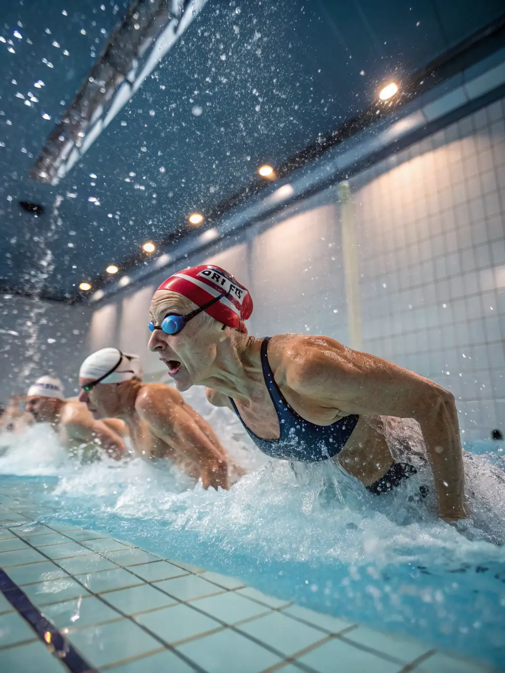 A group of athletes with physical disabilities participating in a swimming competition, showcasing strength and endurance in a modern indoor pool.