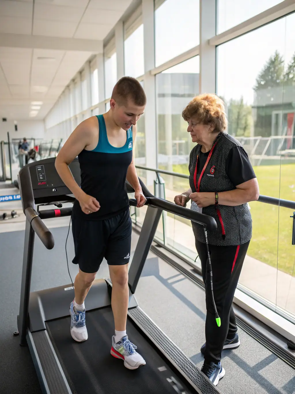 A visually impaired athlete running on a track with a guide, demonstrating determination and speed in a supportive outdoor environment.